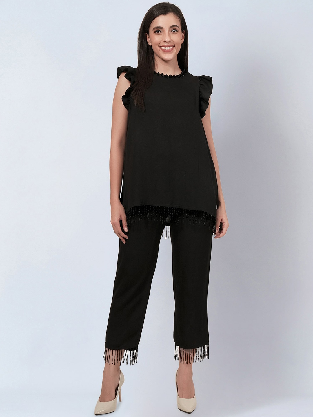 

First Resort by Ramola Bachchan Sequined Ruffled Fringed Top With Trousers Co-Ords, Black