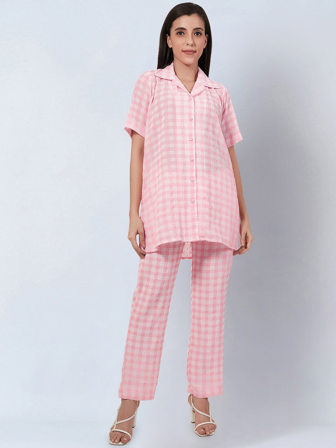 

First Resort by Ramola Bachchan Checked Notched Lapel Collar Shirt With Checked Trousers, Pink