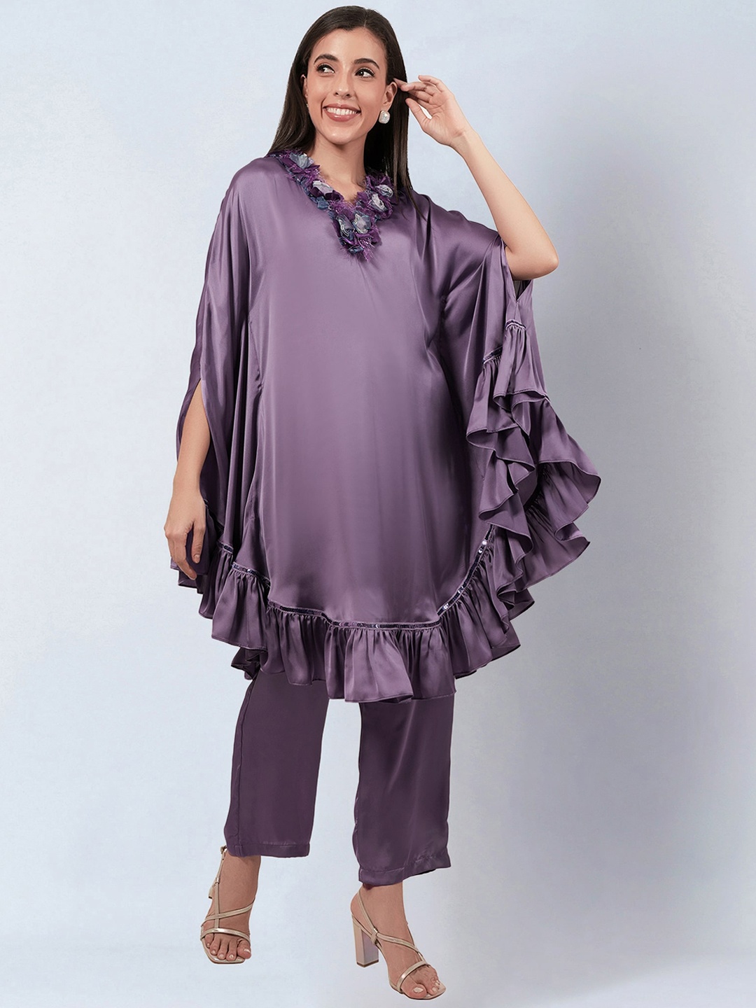 

First Resort by Ramola Bachchan Floral Lace Ruffled Kaftan kurti & Trouser, Purple