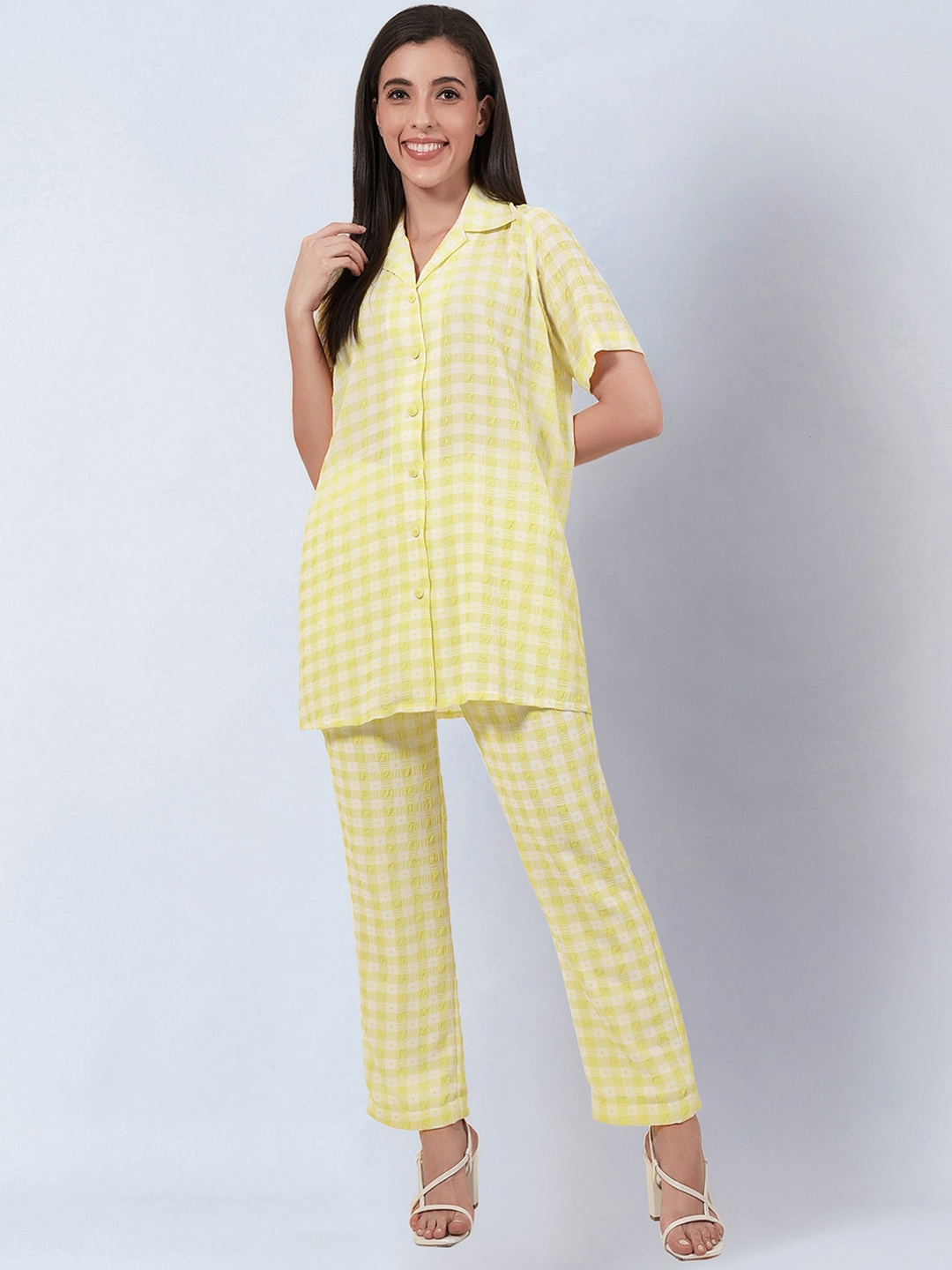 

First Resort by Ramola Bachchan Checked Notched Lapel Collar Shirt With Checked Trousers, Yellow