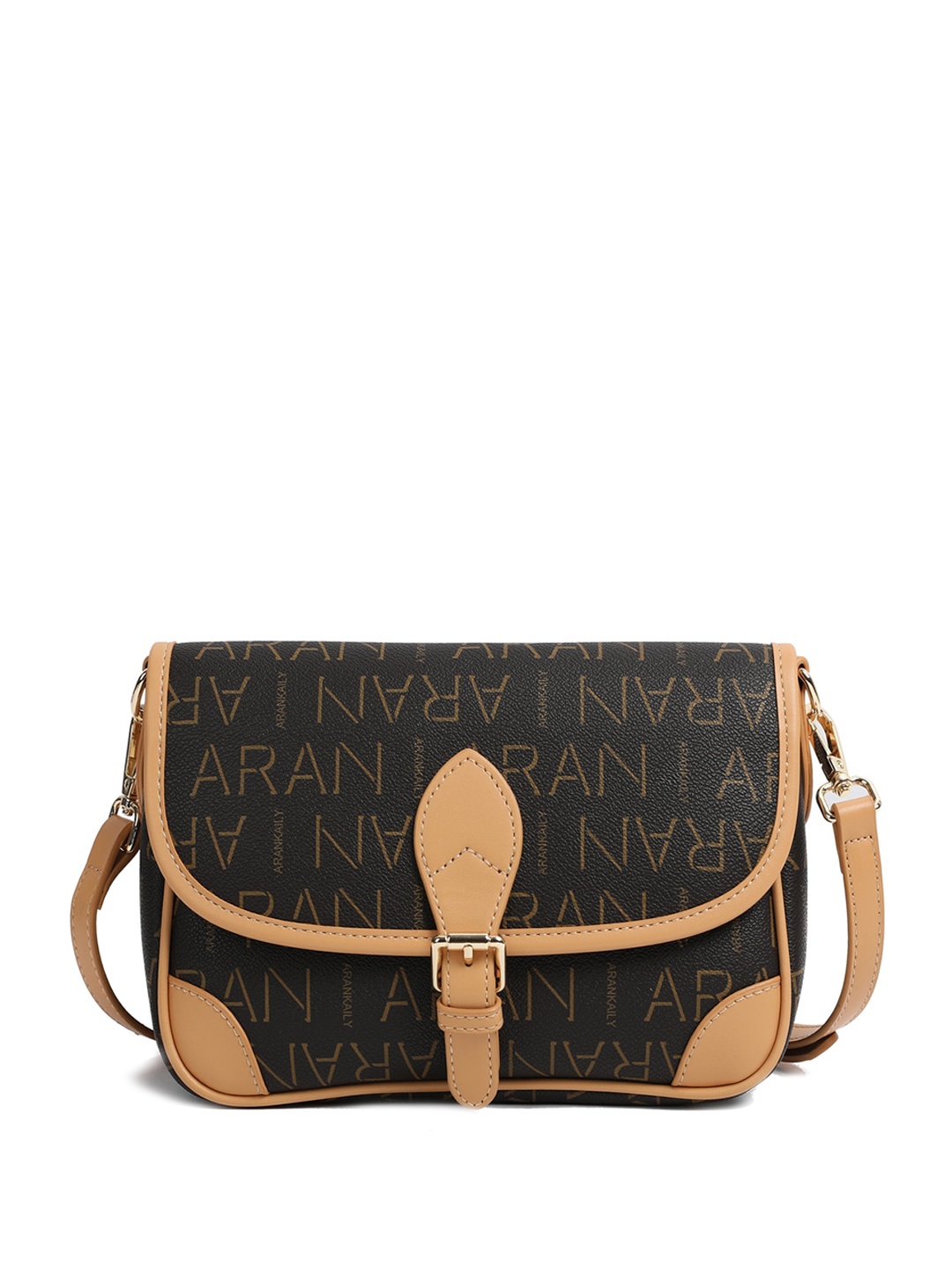 

Sasimo Typography Printed Structured Sling Bag, Coffee brown