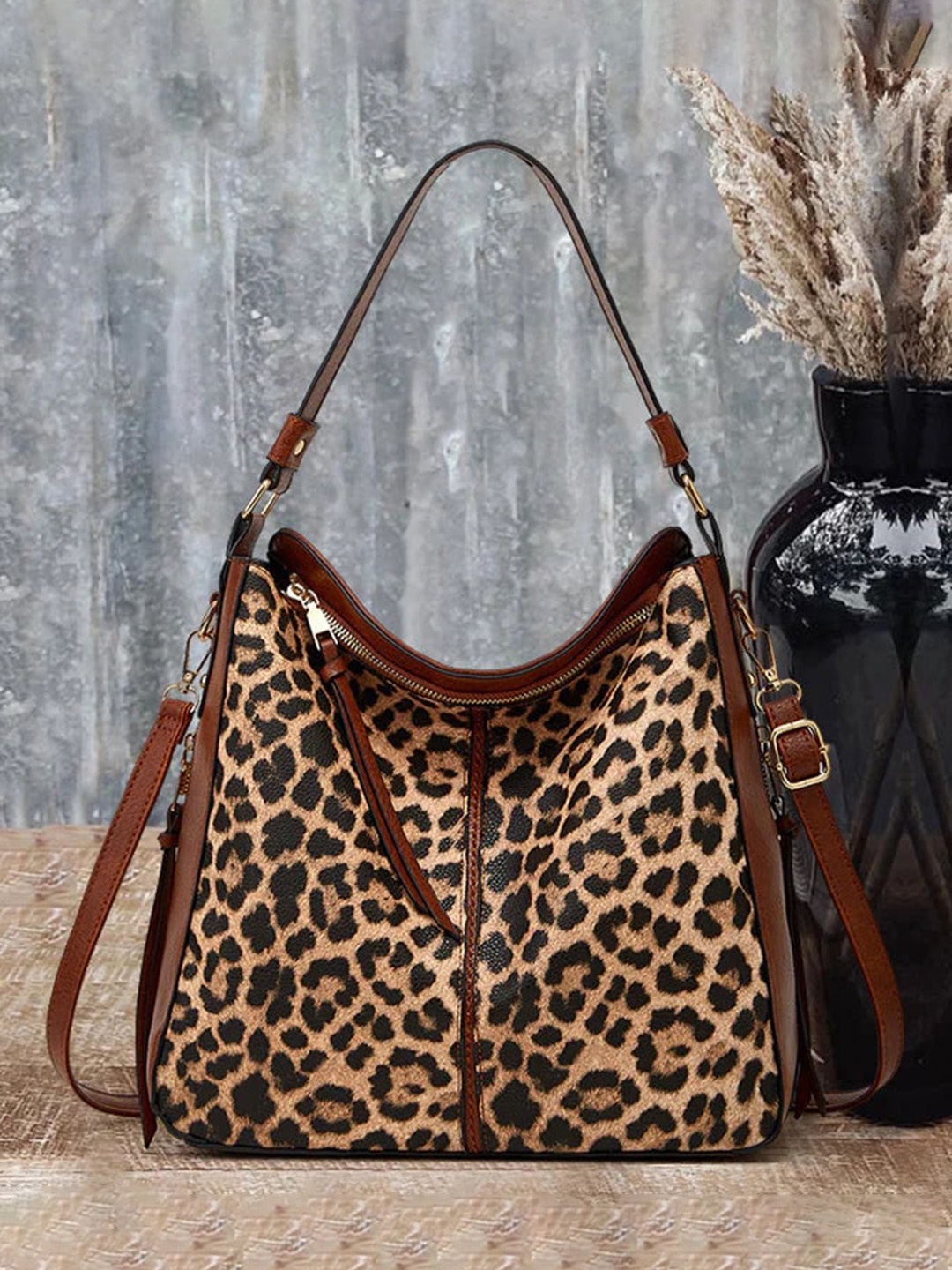 

Sasimo Animal Printed Oversized Structured Shoulder Bag, Brown