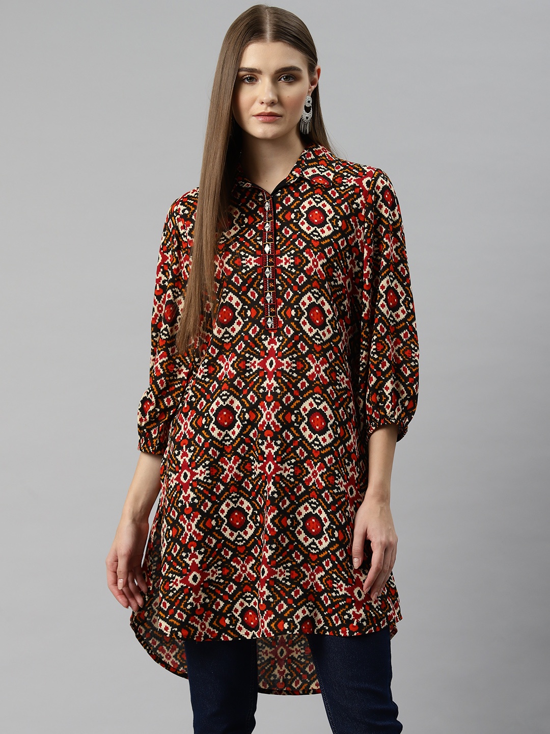 

Nayam By Lakshita Viscose Rayon Shirt Collar Printed Tunic, Black
