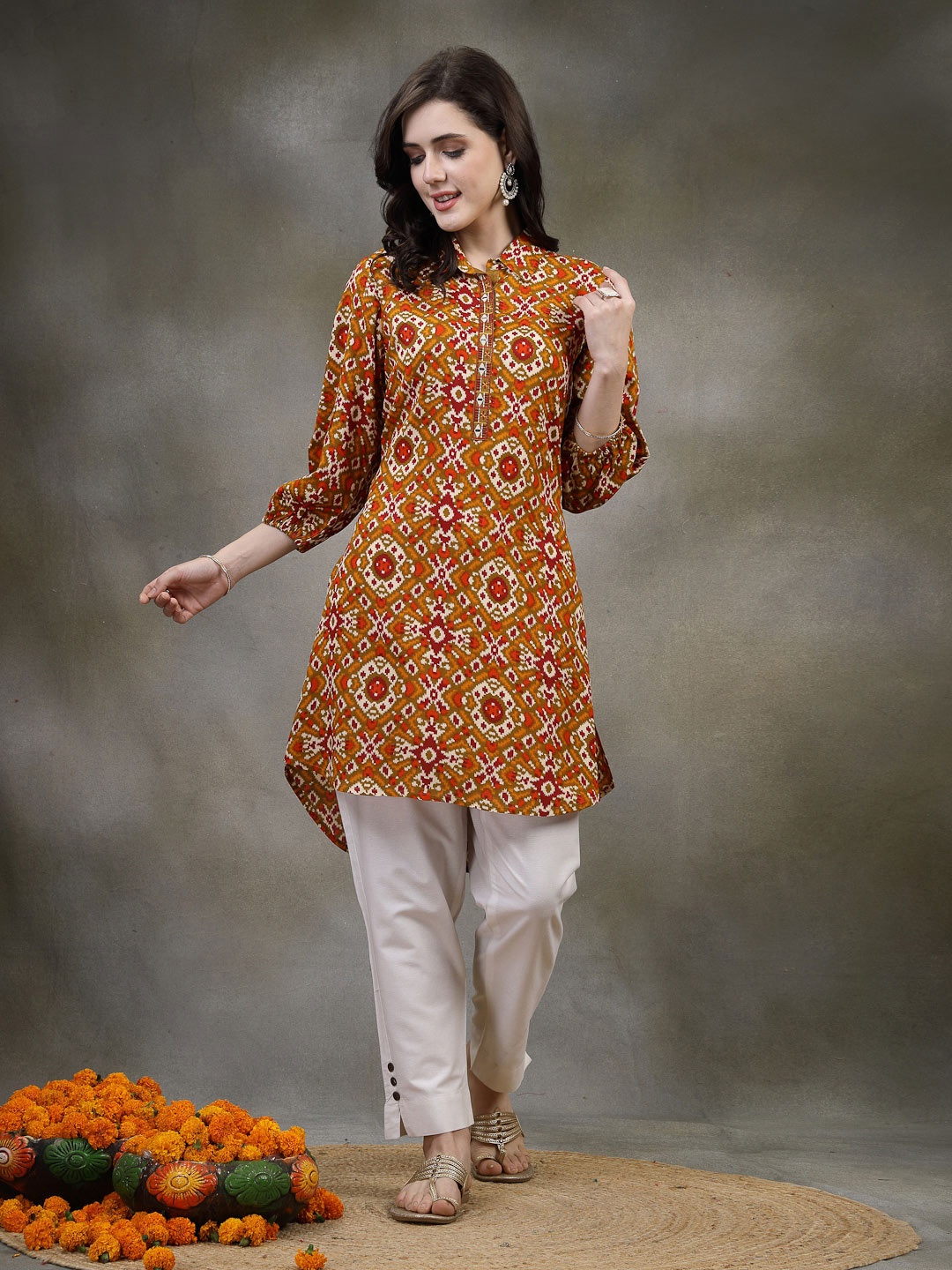 

Nayam By Lakshita Viscose Rayon Shirt Collar Printed Tunic, Mustard