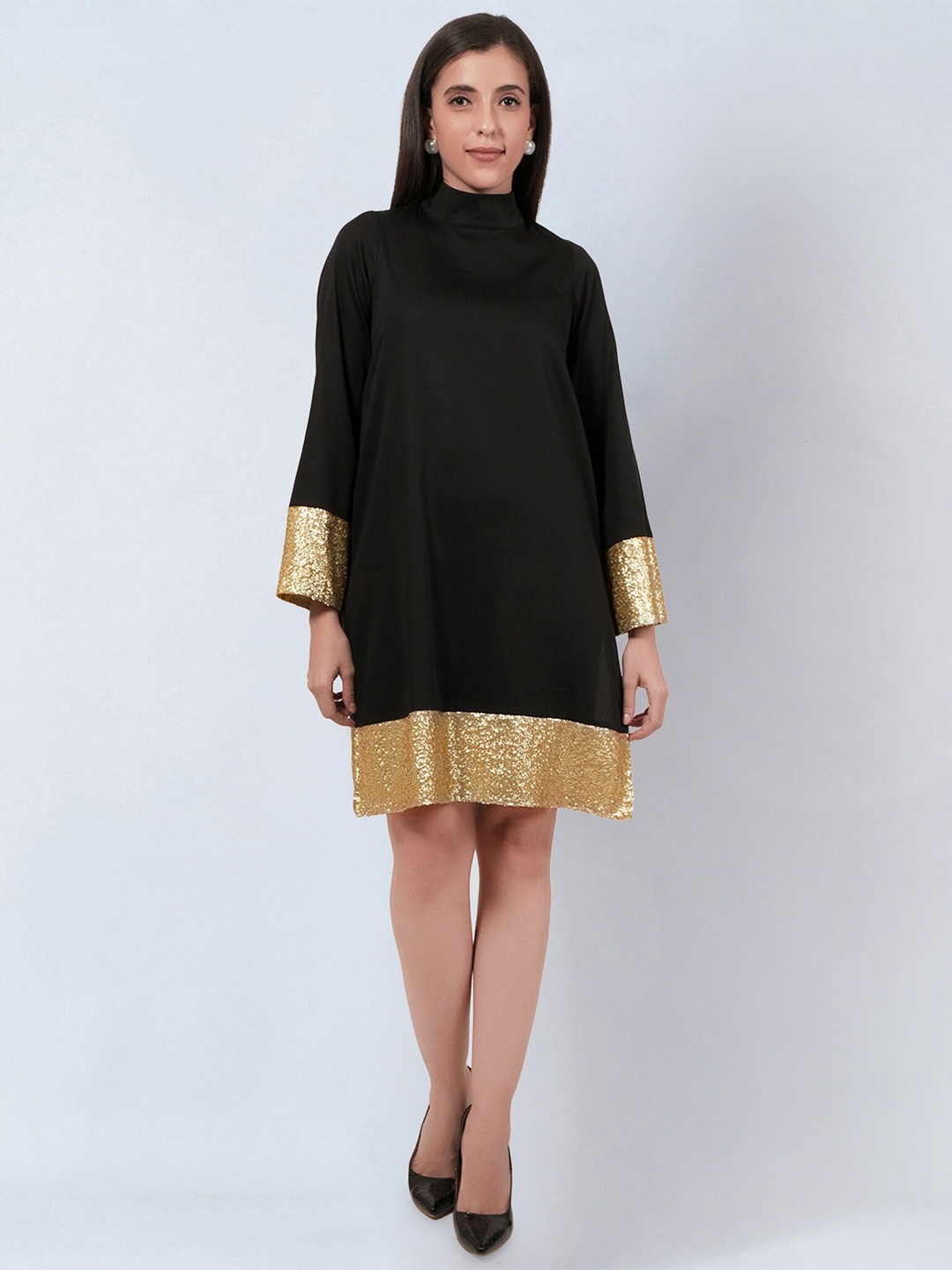 

First Resort by Ramola Bachchan Stand Collar Flared Sleeves Sequined Cotton A-Line Dress, Black
