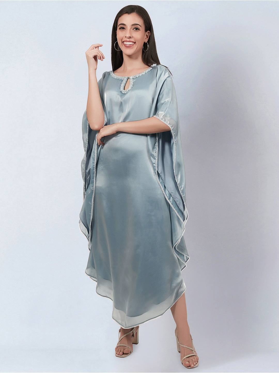 

First Resort by Ramola Bachchan Flared Sleeves Embellished Detail Kaftan Dress, Blue