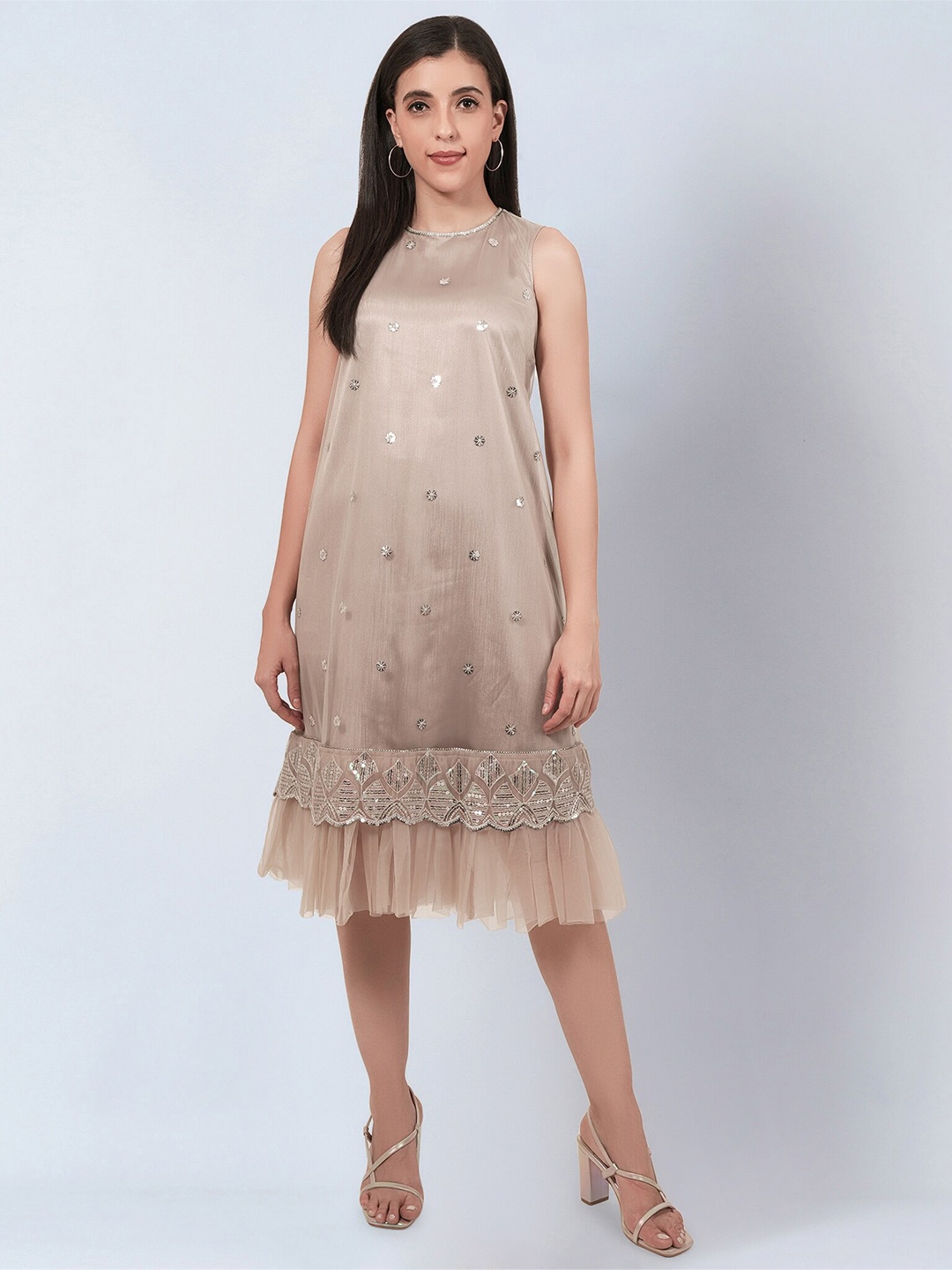 

First Resort by Ramola Bachchan Embellished Ruffles Detail A-Line Dress, Beige