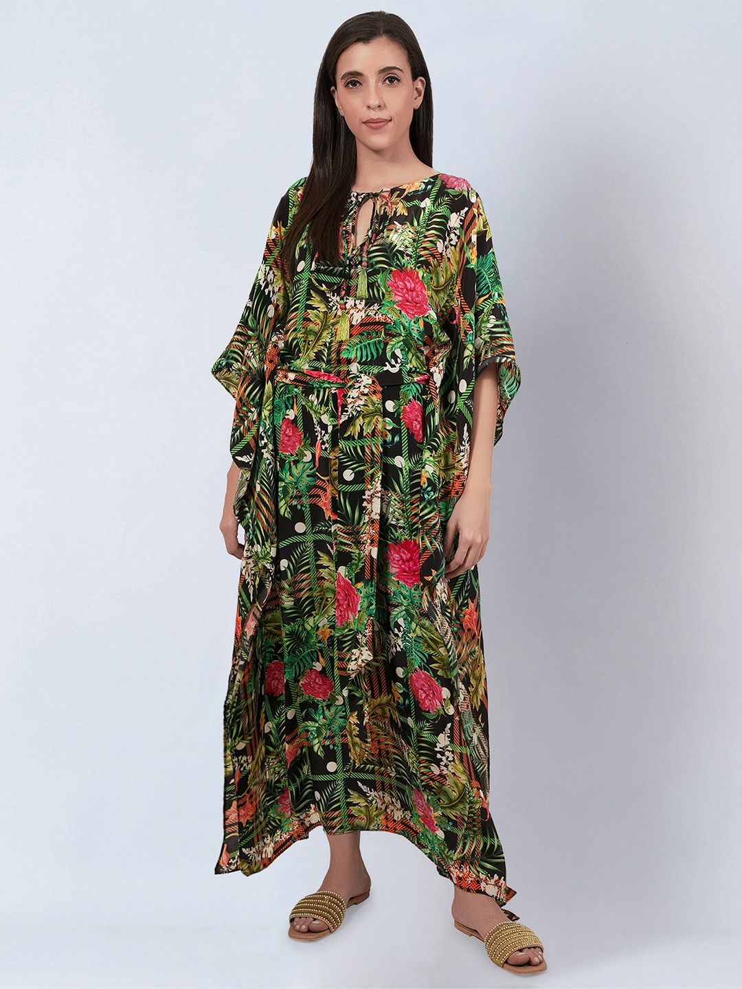 

First Resort by Ramola Bachchan Floral Printed Tie-Up Neck Kaftan Maxi Dress, Black