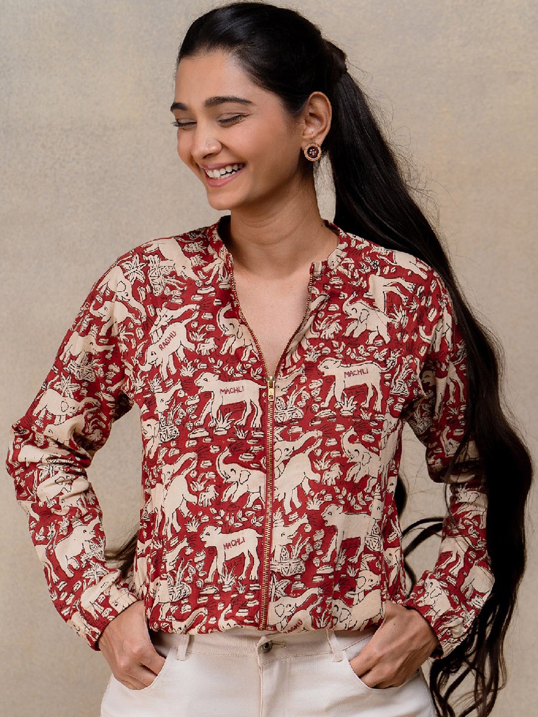 

OKHAI Ethnic Motif Printed Crop Tailored Jacket, Red
