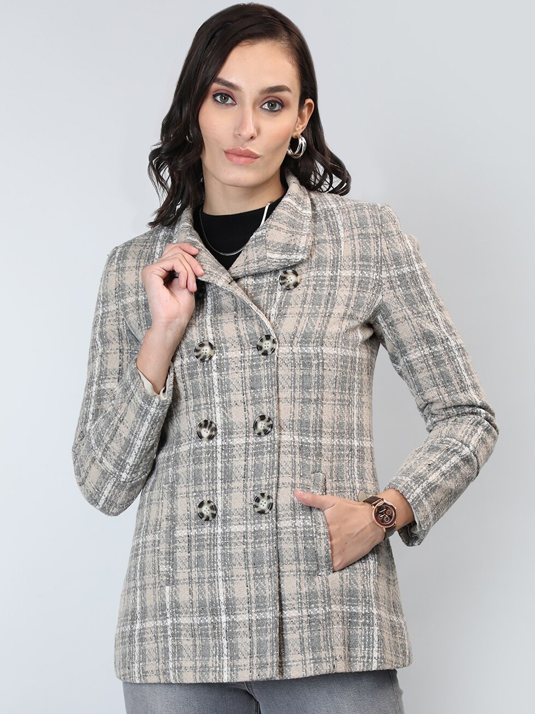 

LURE URBAN Checked Double-Breasted Wool Pea Coat, Cream