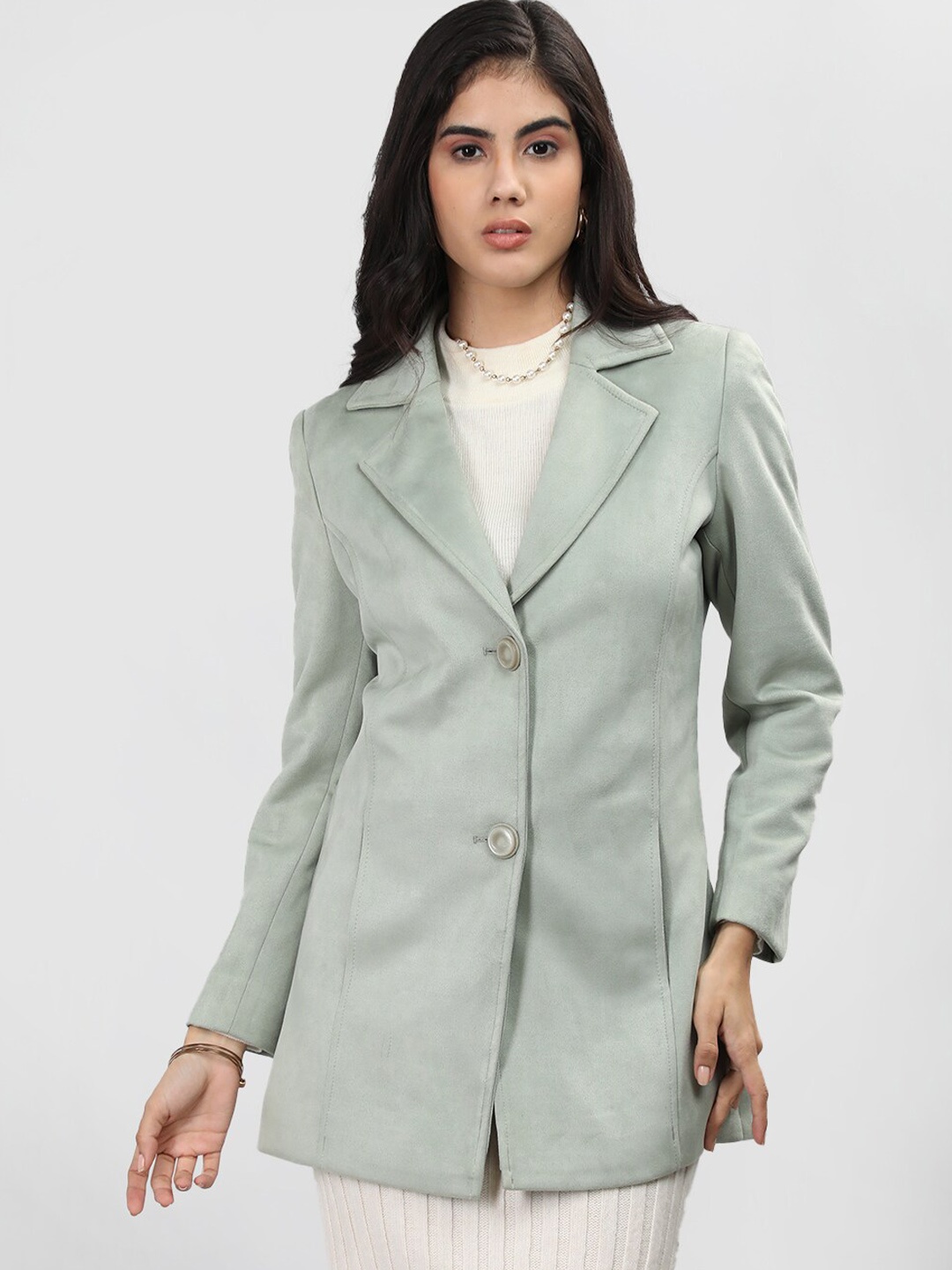 

LURE URBAN Single-Breasted Notched Lapel Woollen Pea Coats, Green