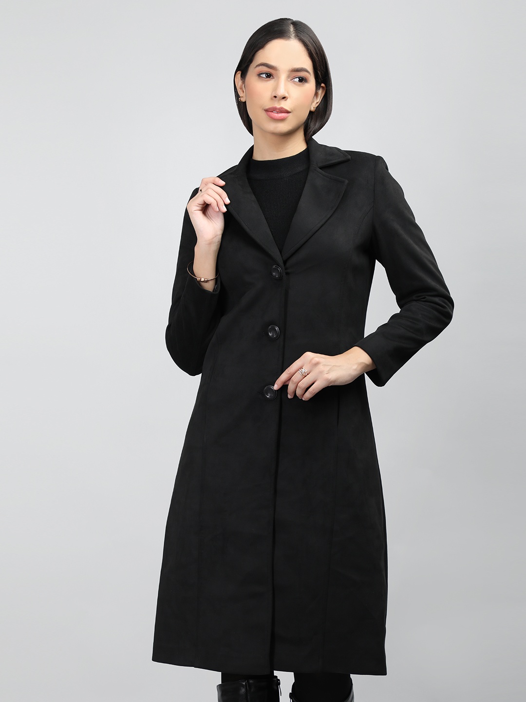 

LURE URBAN Notched Lapel Single-Breasted Wool Overcoat, Black