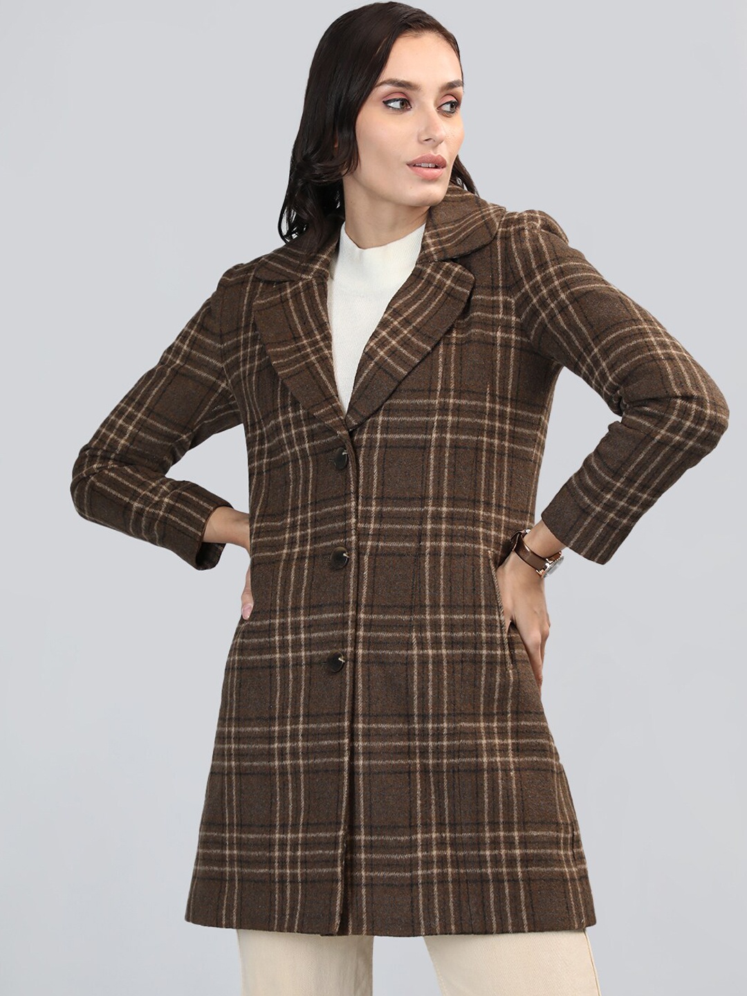 

LURE URBAN Checked Single-Breasted Wool Winter Wear Overcoat, Brown