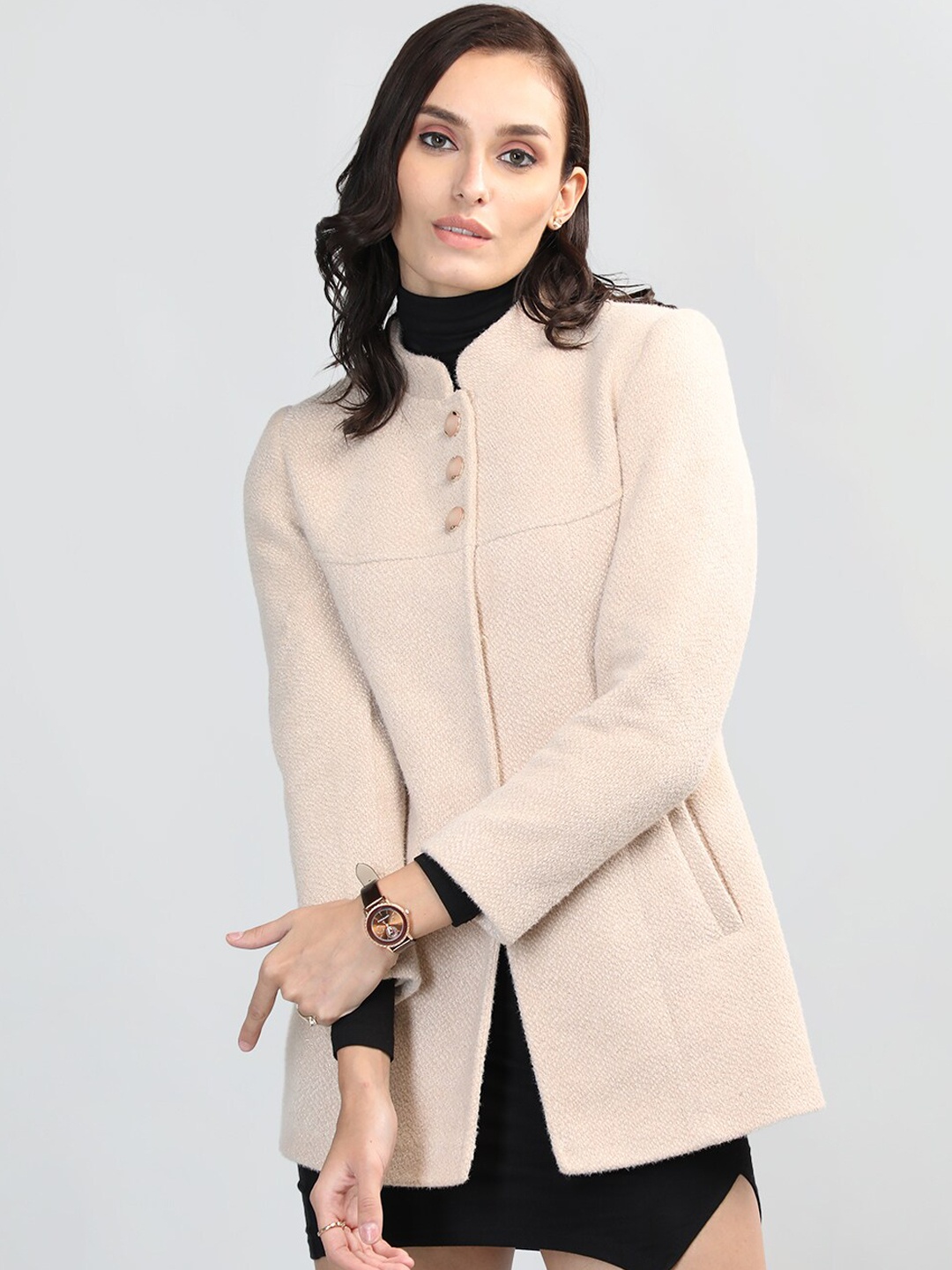 

LURE URBAN Mandarin Collar Woollen Pea Coat, Beige