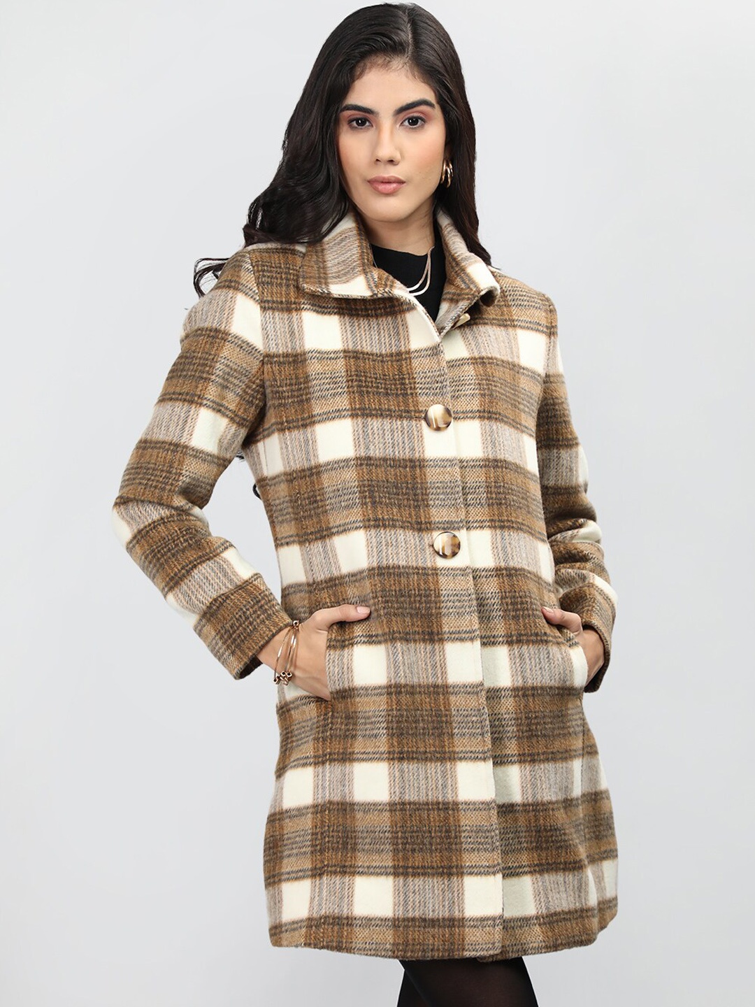 

LURE URBAN Spread Collar Checked Woollen Overcoat, Brown