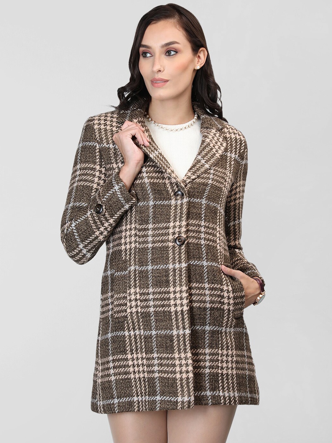 

LURE URBAN Checked Notched Lapel Collar Woollen Overcoat, Olive