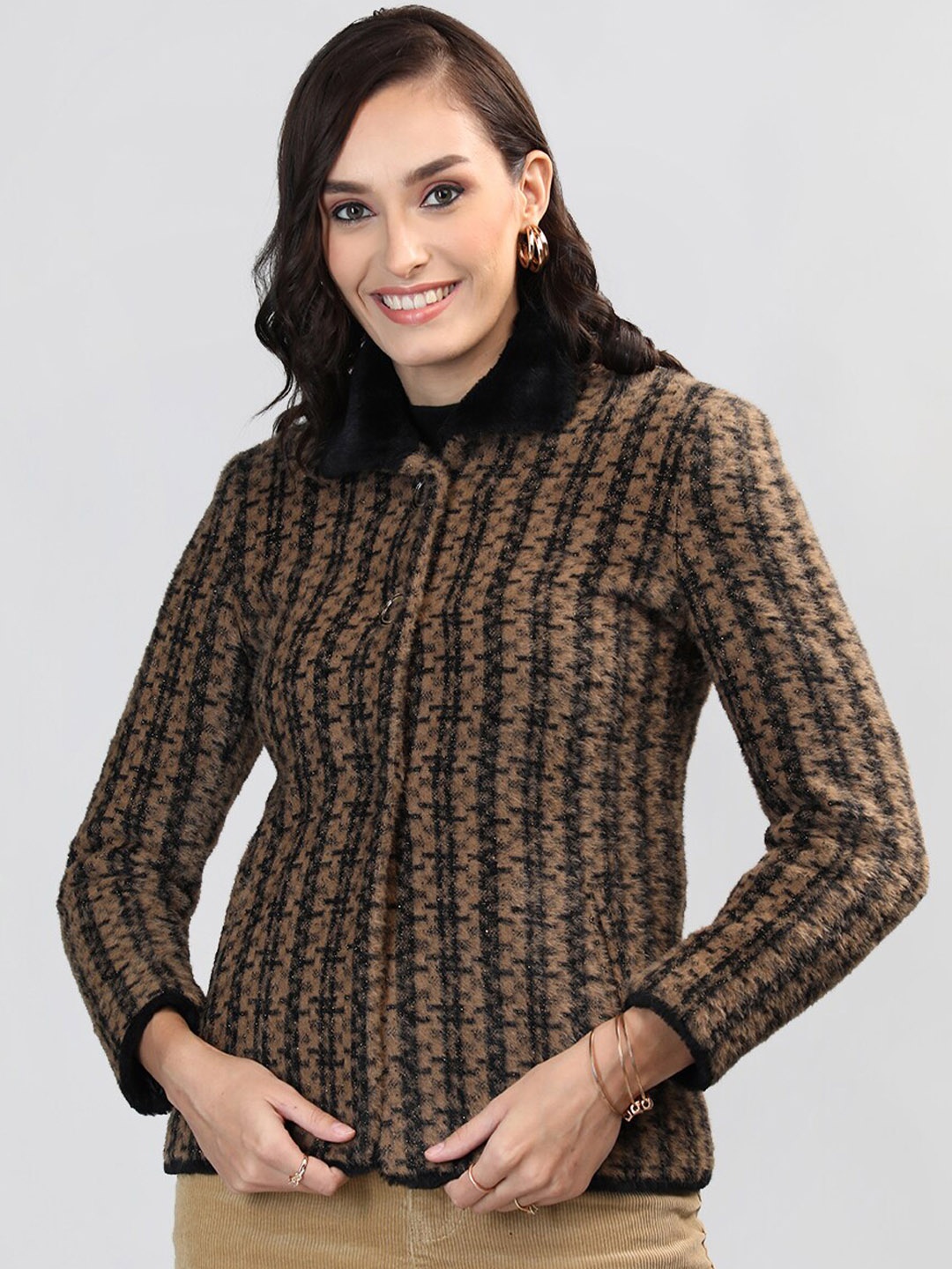 

LURE URBAN Self Design Spread Collar Woollen Overcoat, Brown