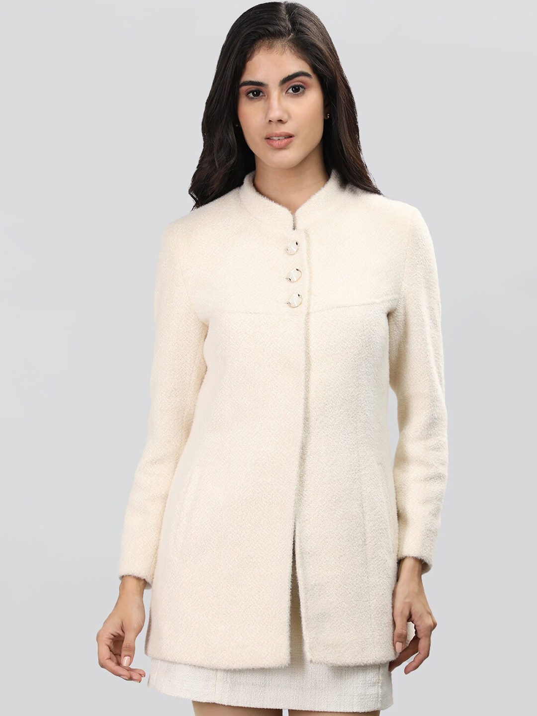 

LURE URBAN Textured Single-Breasted Longline Overcoat, Off white