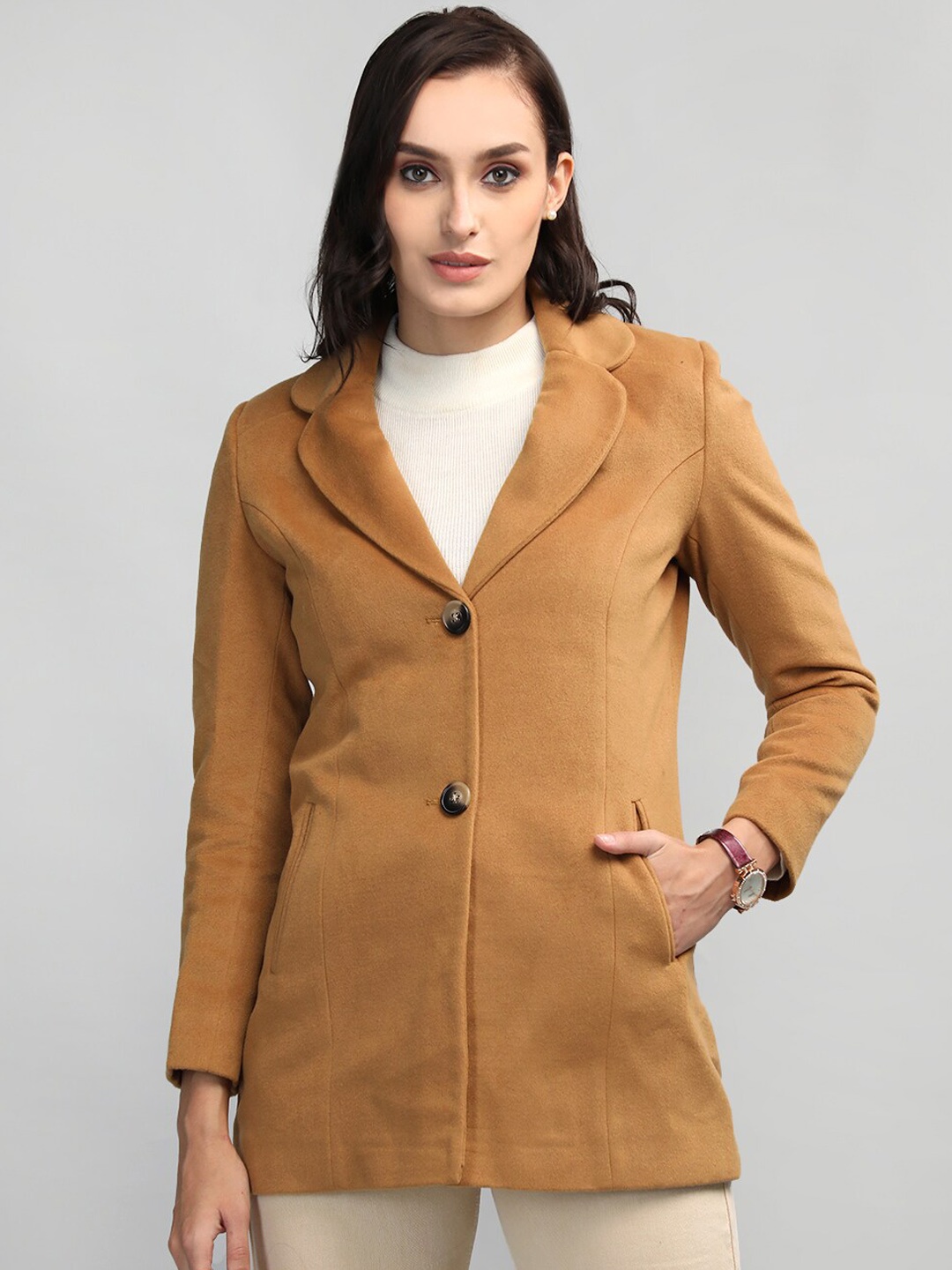 

LURE URBAN Notched Lapel Collar Woollen Overcoat, Camel brown