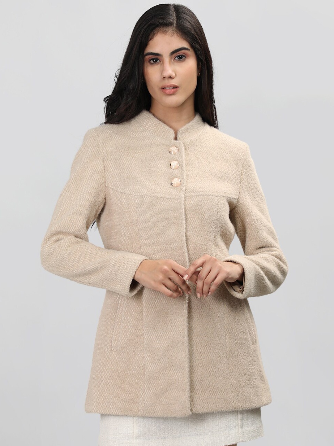 

LURE URBAN Mandarin Collar Woollen Overcoat, Beige