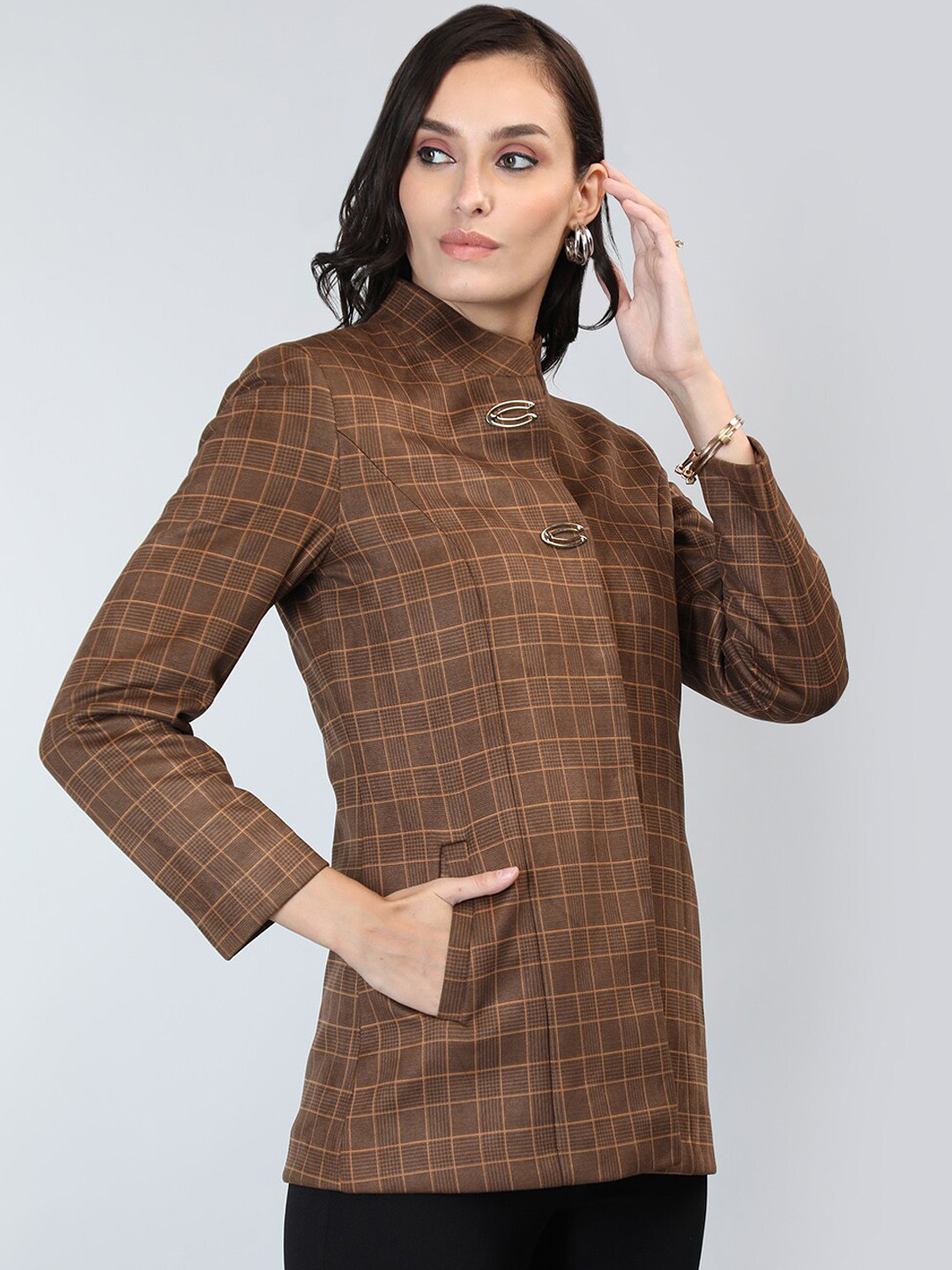

LURE URBAN Checked Mandarin Collar Woollen Peacoat, Tan