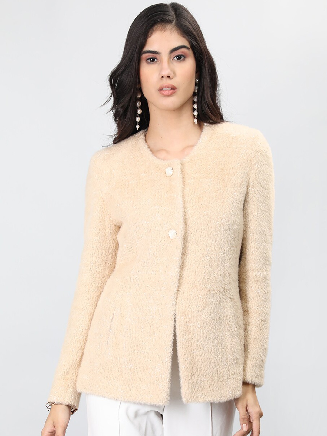 

LURE URBAN Round Neck Woollen Overcoat, Beige