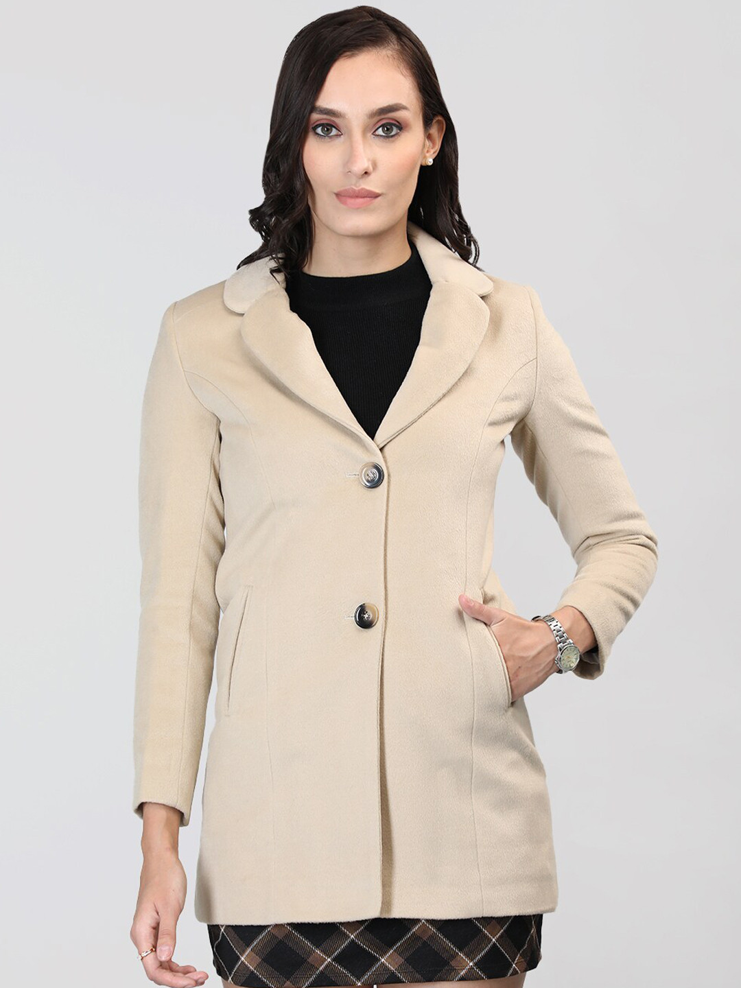 

LURE URBAN Notched Lapel Collar Woollen Overcoat, Beige