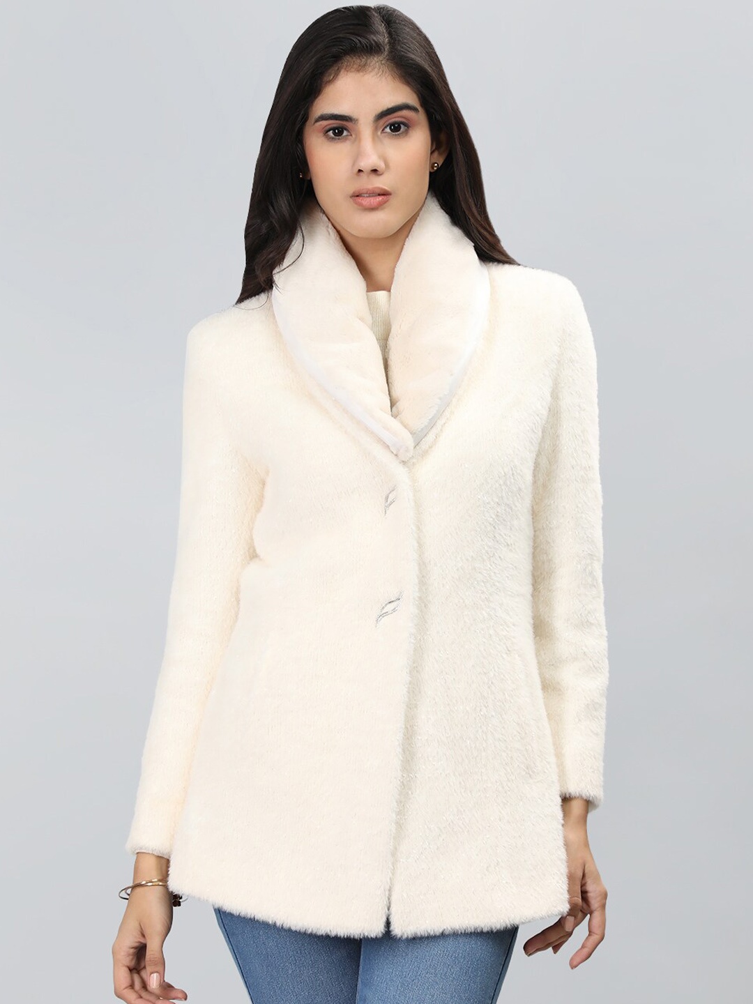 

LURE URBAN Notched Lapel Collar Woollen Overcoat, Off white