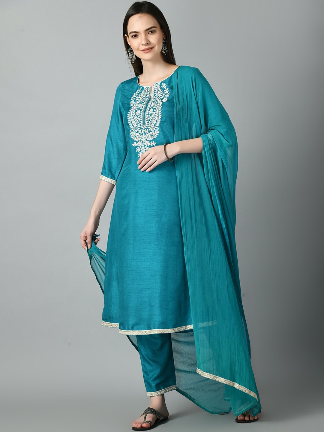 

MEESAN Ethnic Motifs Embroidered Thread Work Kurta With Trousers & Dupatta, Blue