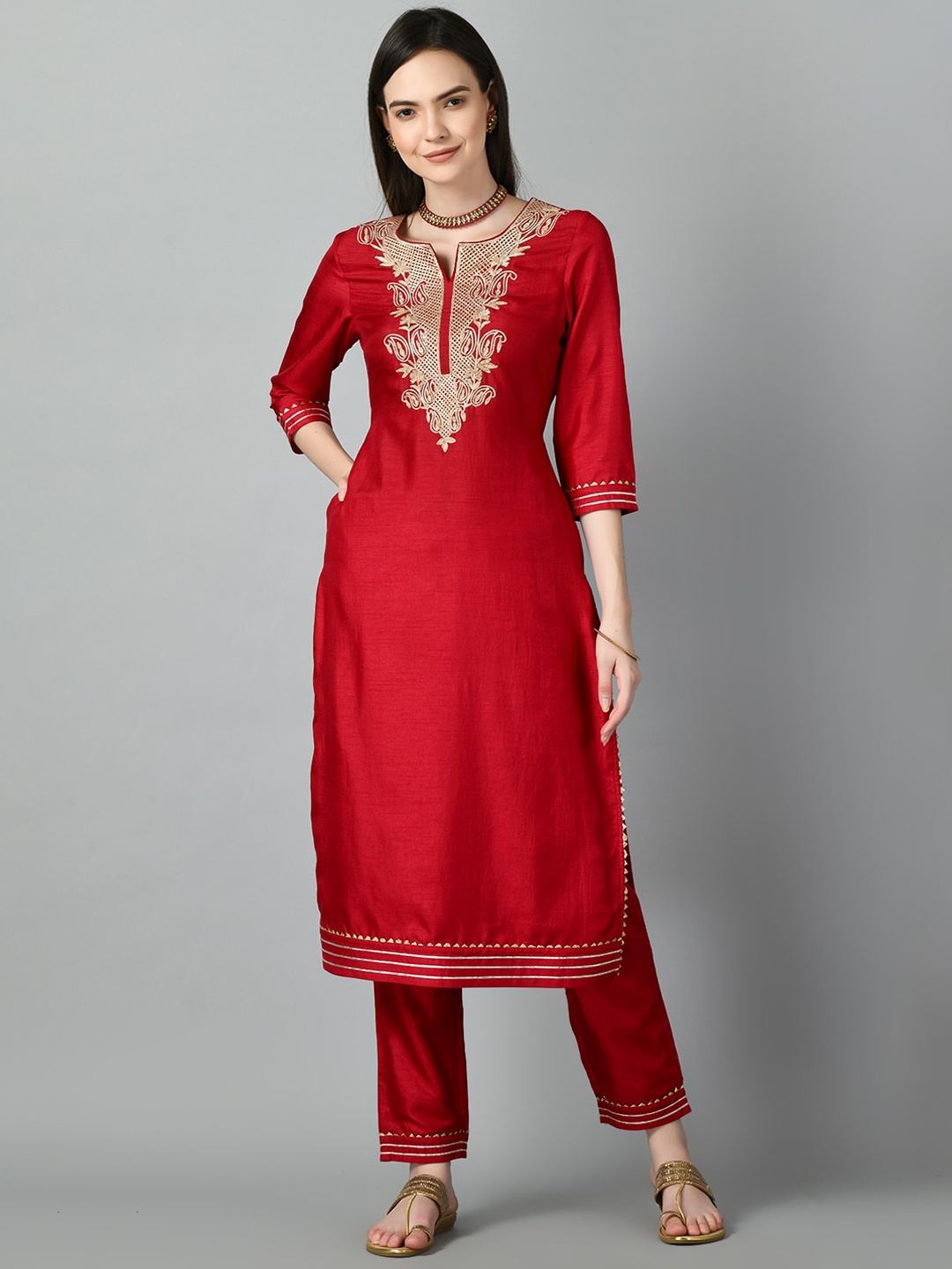 

MEESAN Ethnic Motifs Embroidered Thread Work Kurta With Trousers & Dupatta, Red