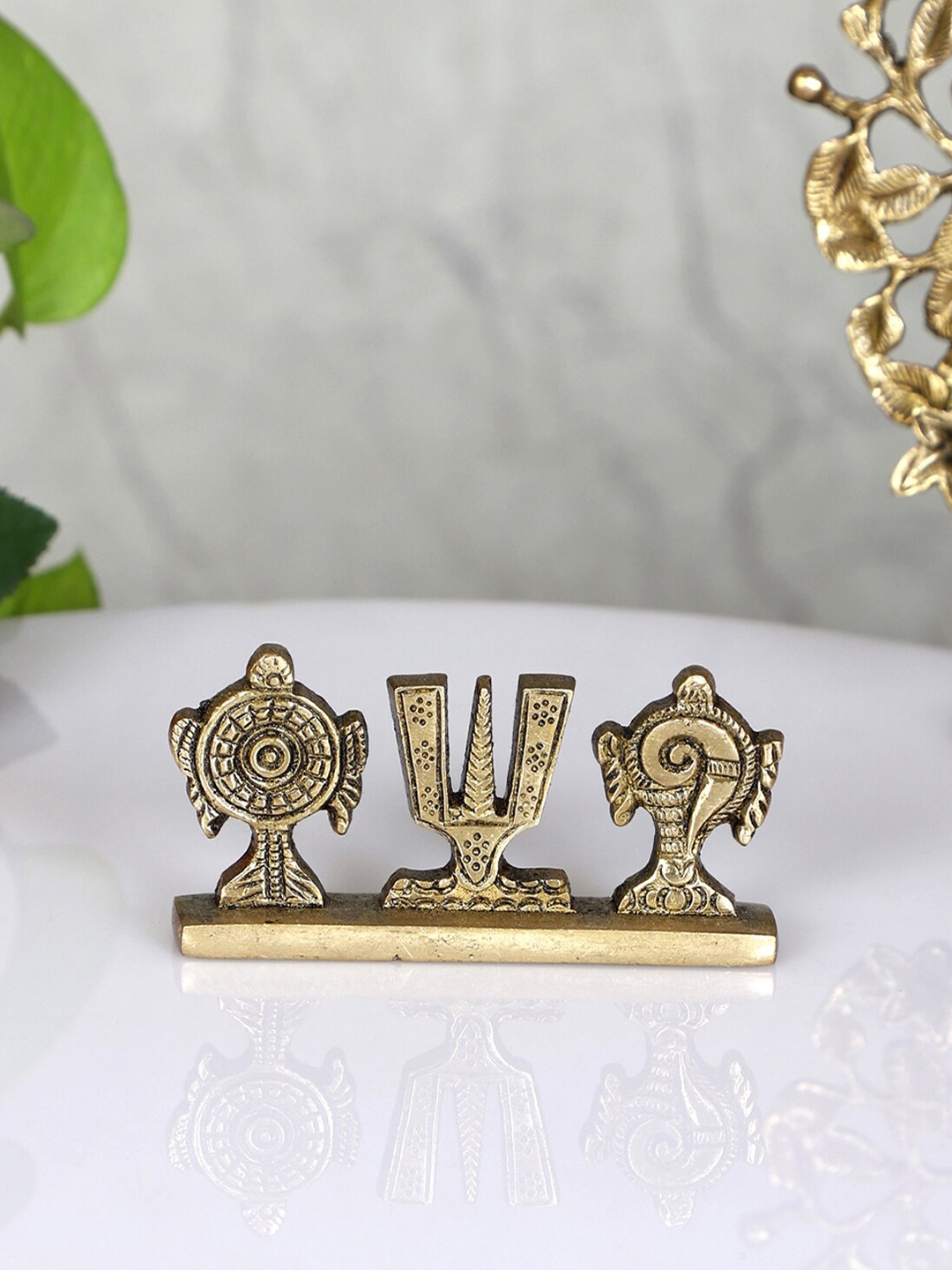 

Two Moustaches Gold-Toned Shankh Chakra Namah Brass Statue