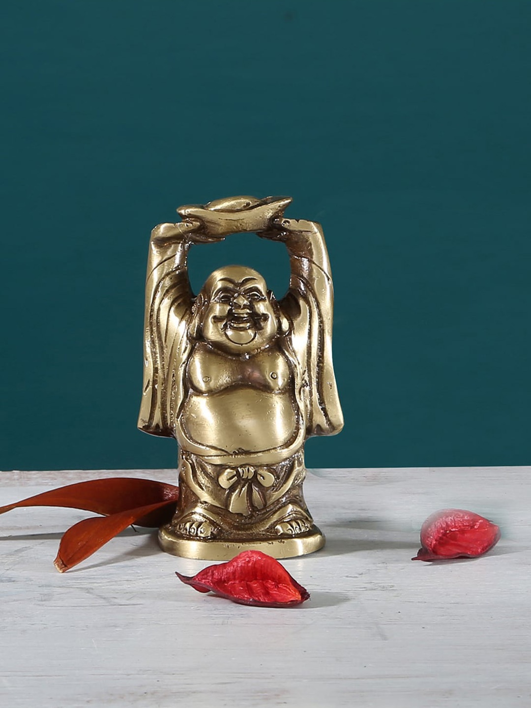 

Two Moustaches Gold Toned Laughing Buddha With Ingot Showpiece
