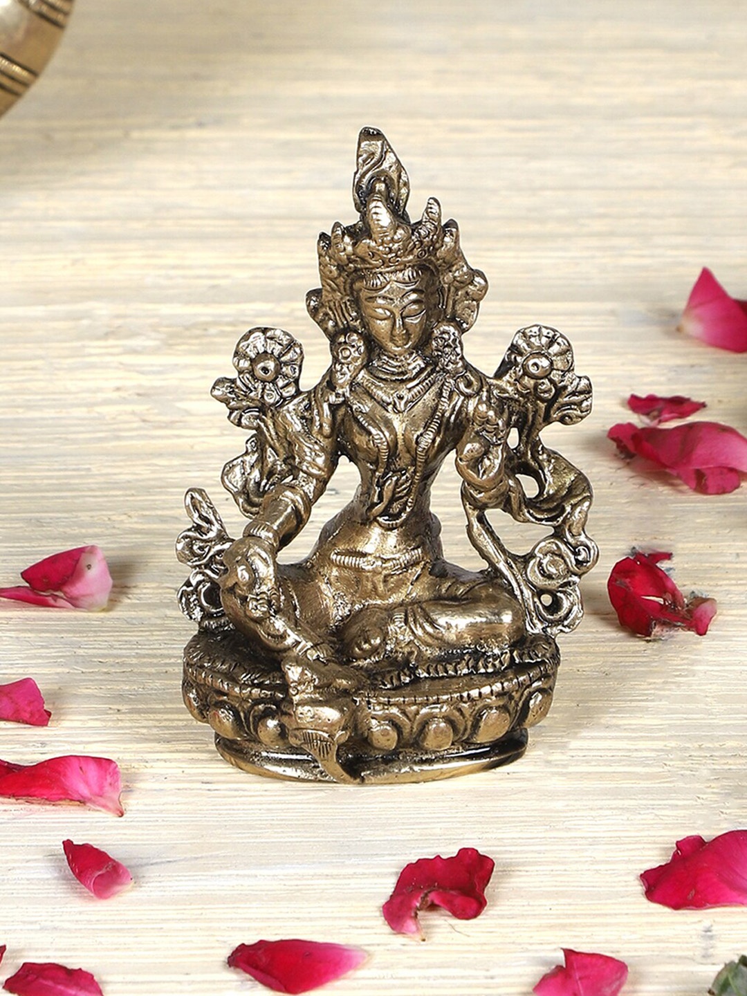 

Two Moustaches Golden Brass Goddess Tara Devi Idol, Gold