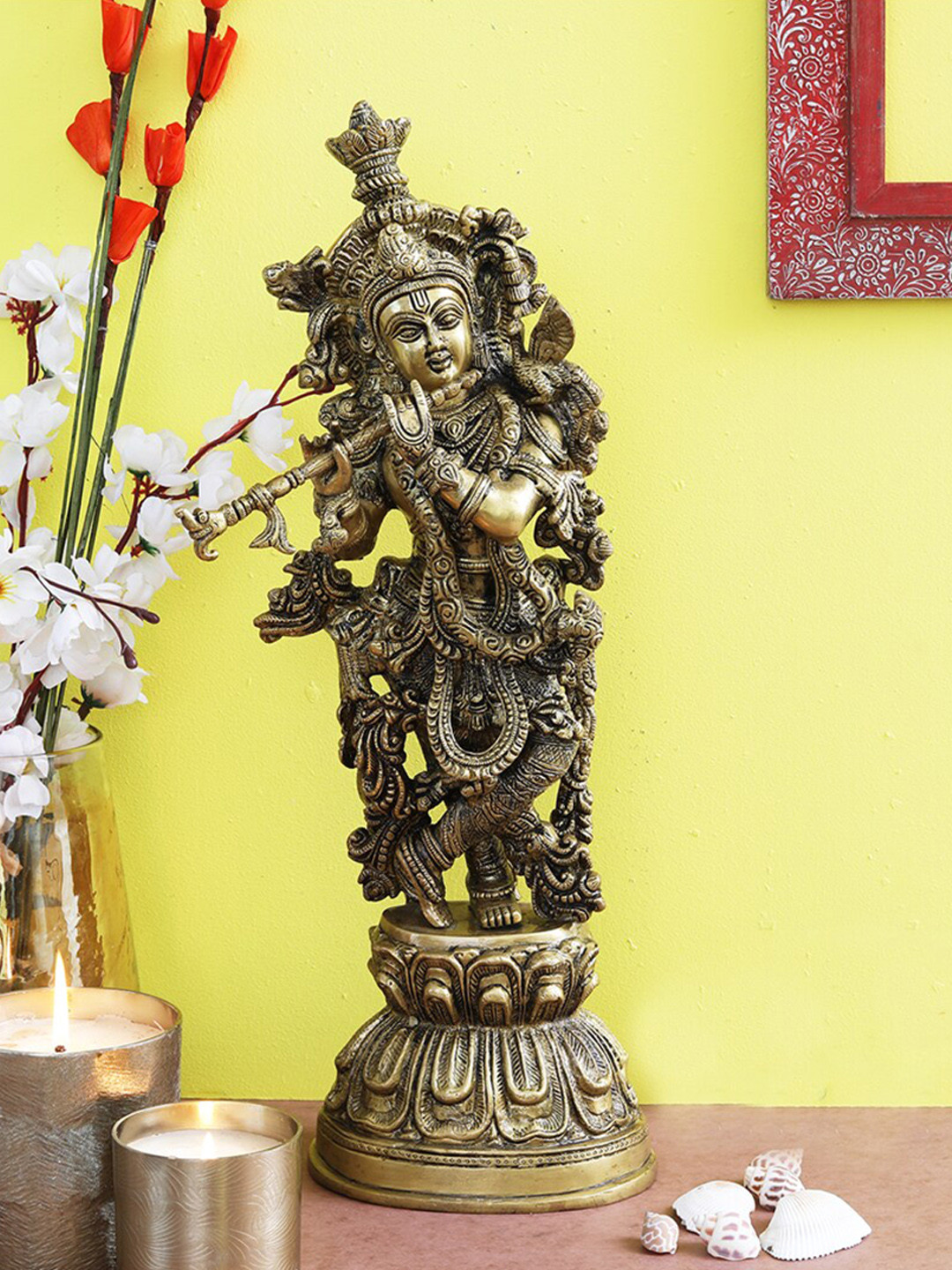 

Two Moustaches Gold-Toned Murli Krishna Brass Statue Showpiece