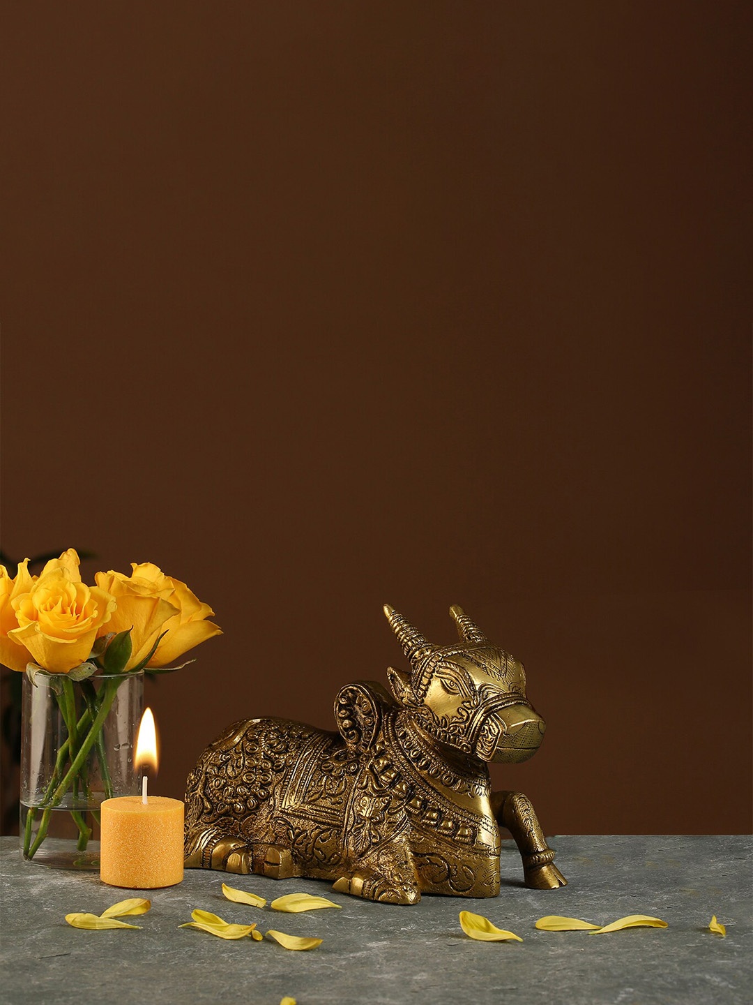 

Two Moustaches Golden Sitting Nandi Cow Brass Statue, Gold