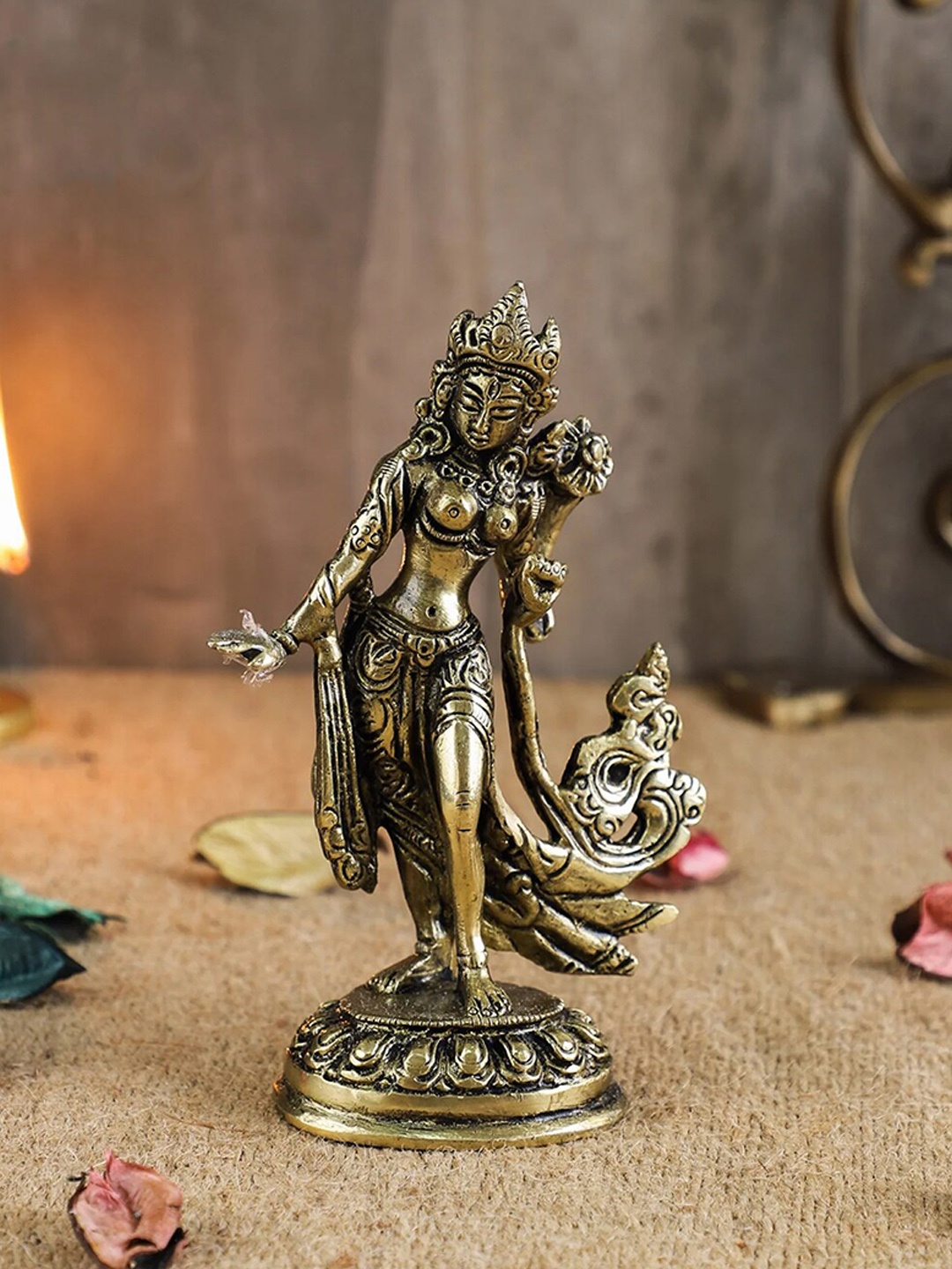 

Two Moustaches Gold Toned Standing Tara Devi Brass Statue