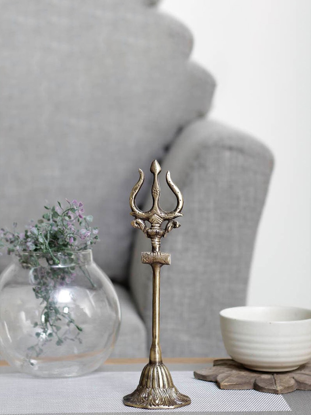 

Two Moustaches Golden Brass Shiva's Trishul With Damru Decorative Showpiece, Gold