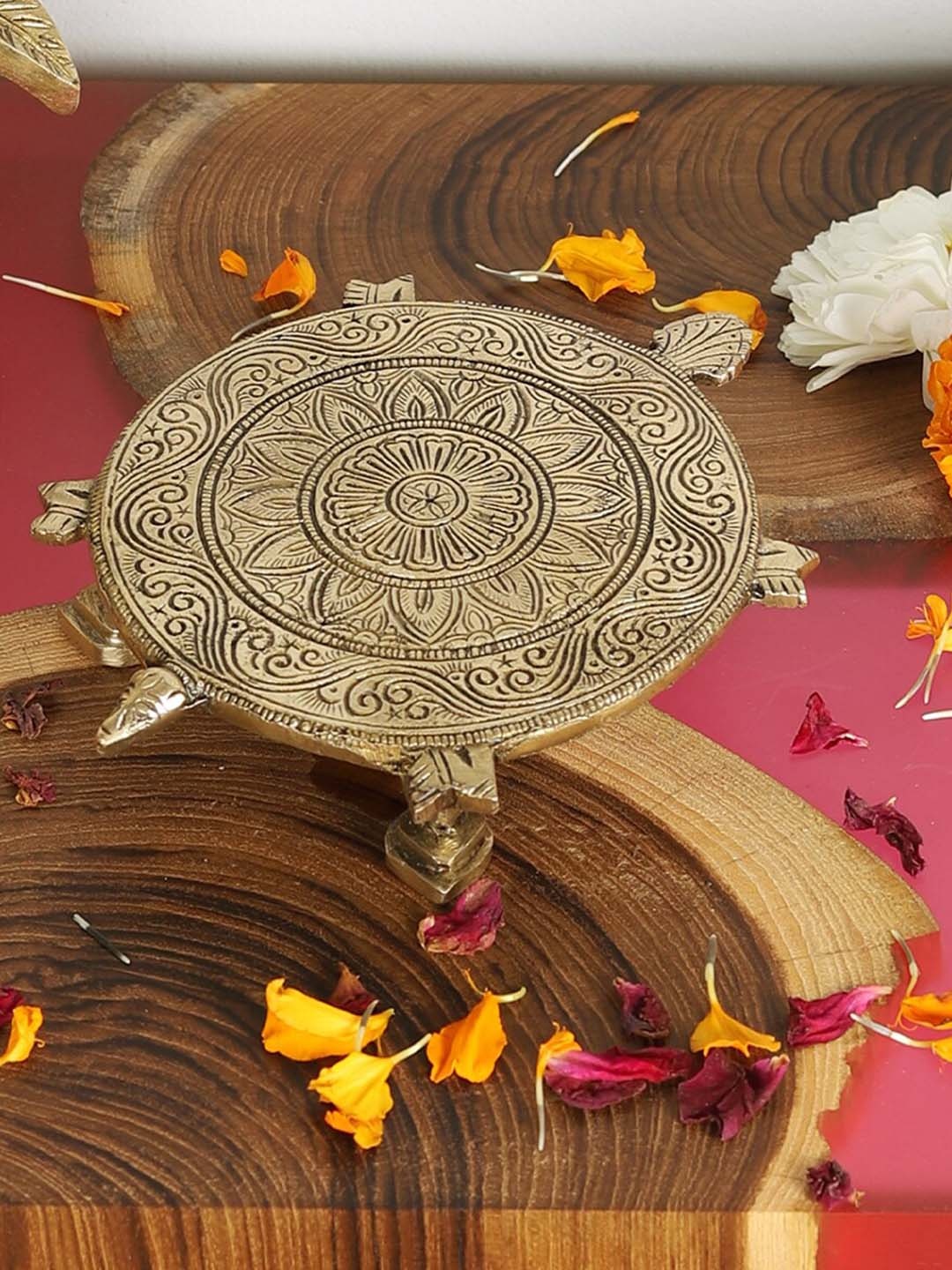 

Two Moustaches Gold-Toned Tortoise Design Ethnic Carved Brass Pooja Chowki Showpiece
