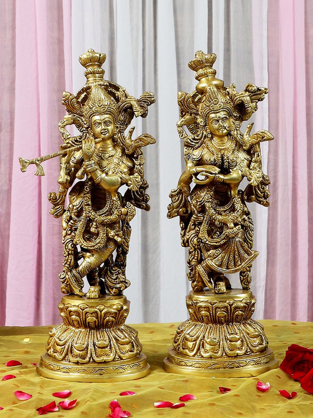 Two Moustaches 2 Pcs Golden Radha Krishna Brass Statue Showpieces, Gold