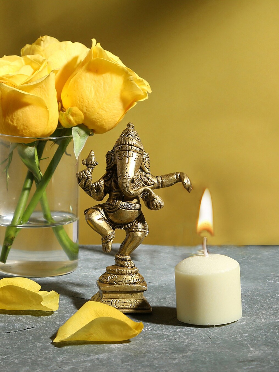

Two Moustaches Golden Brass Dancing Ganesha Decor Idol Showpiece, Gold