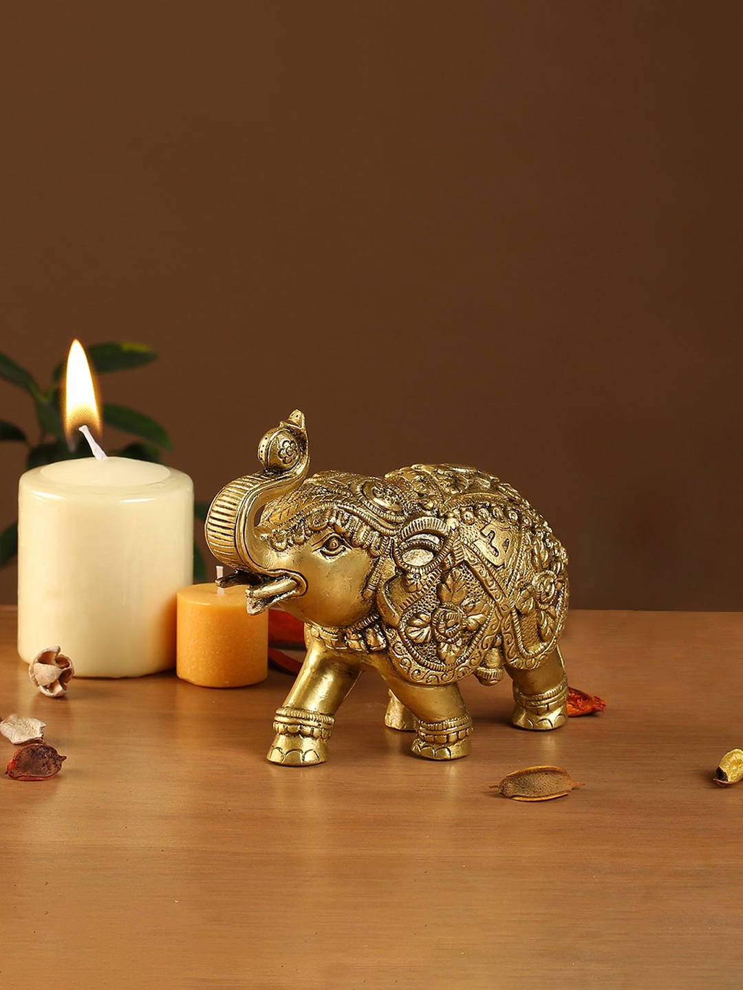 Two Moustaches Gold-Toned Om & Swastika Carving Brass Elephant Showpiece