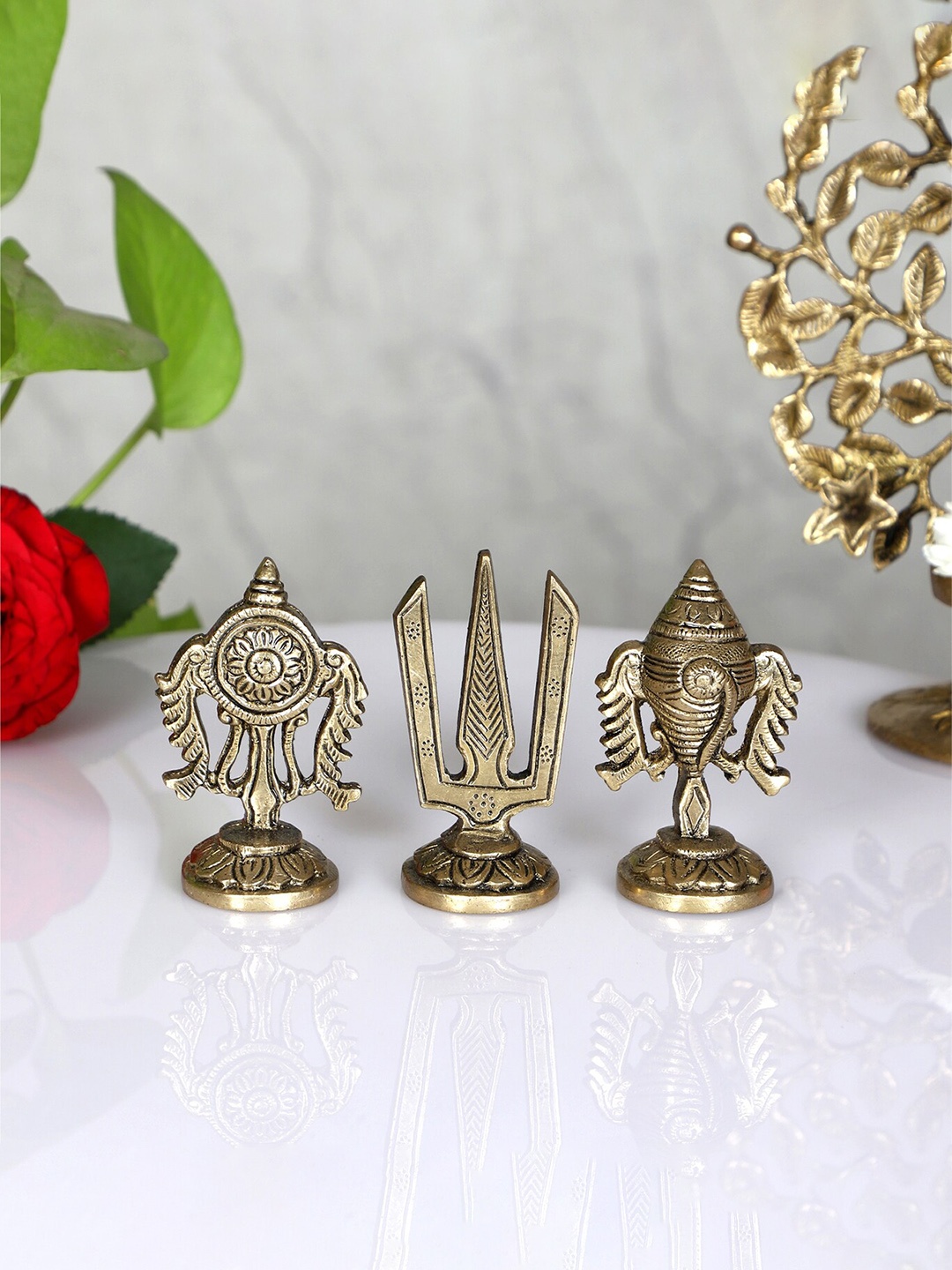 

Two Moustaches 3-Pcs Golden Brass Shankh Chakra Namah Idol Figurine Showpiece, Gold