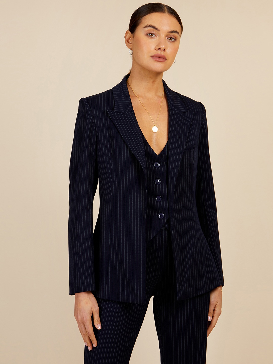 

Little Mistress Pinstriped Shoulder Padded Front-Open Blazer, Navy blue