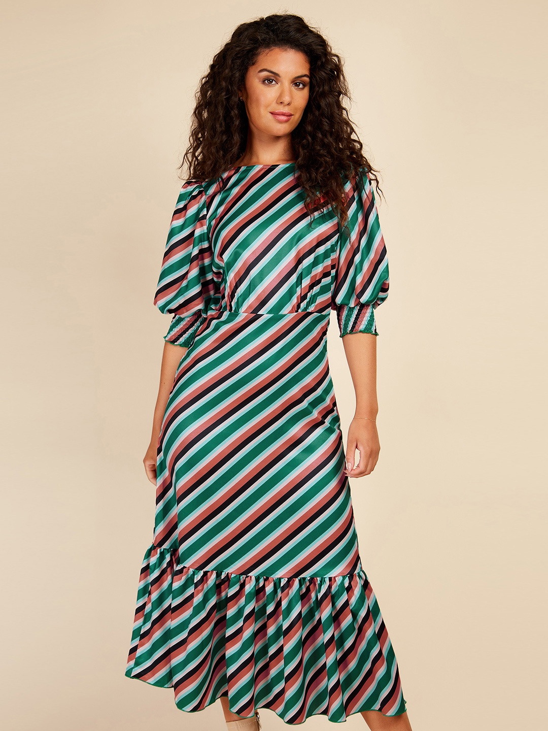 

Little Mistress Striped Satin A-Line Midi Dress, Green