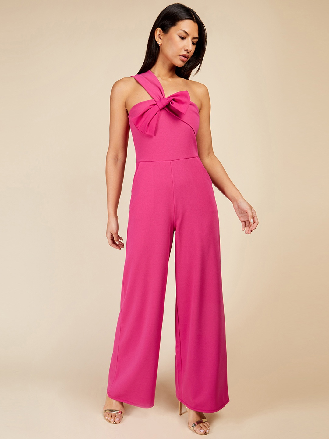 

Little Mistress One Shoulder Bow-Detail Jumpsuit, Fuchsia