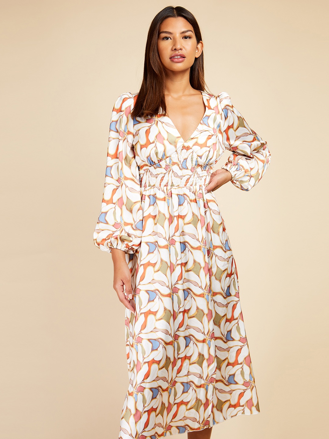 

Little Mistress Floral Print Satin-Finish Empire Midi Dress, White