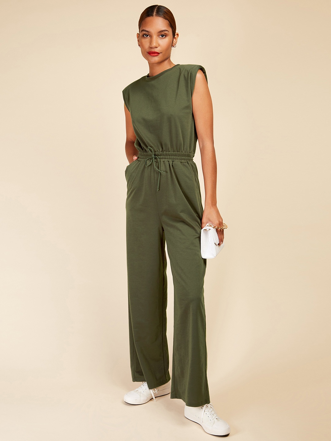 

Little Mistress Shoulder Pads Sweat Jumpsuit, Olive
