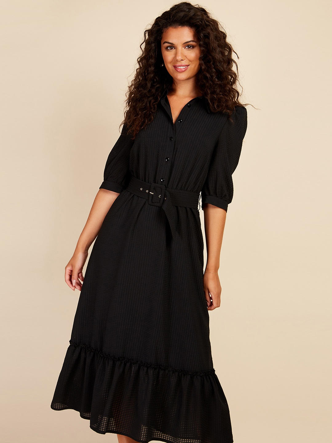 

Little Mistress Seersucker Shirt Midi Dress, Black