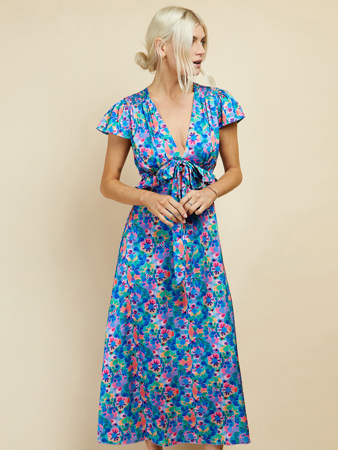 

Little Mistress Abstract Print Satin Empire Midi Dress, Blue