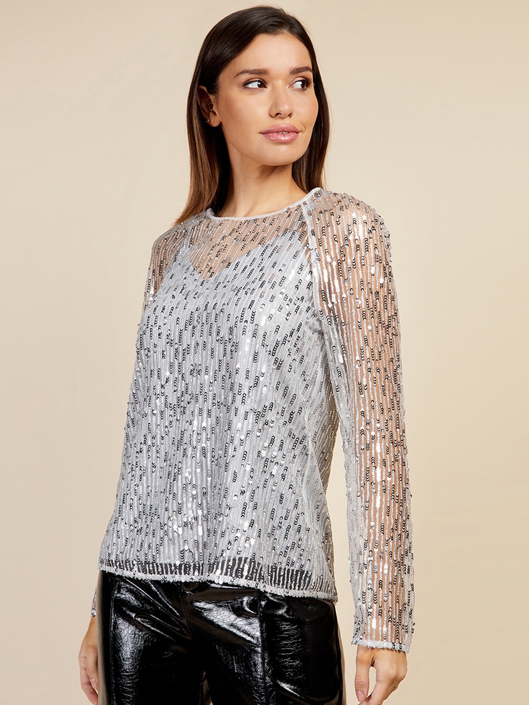 

Little Mistress Embellished Net Top With Camisole, Grey